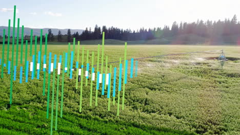 center-pivot irrigation rotating over aerial crop field, showing data bars overlay in flat design