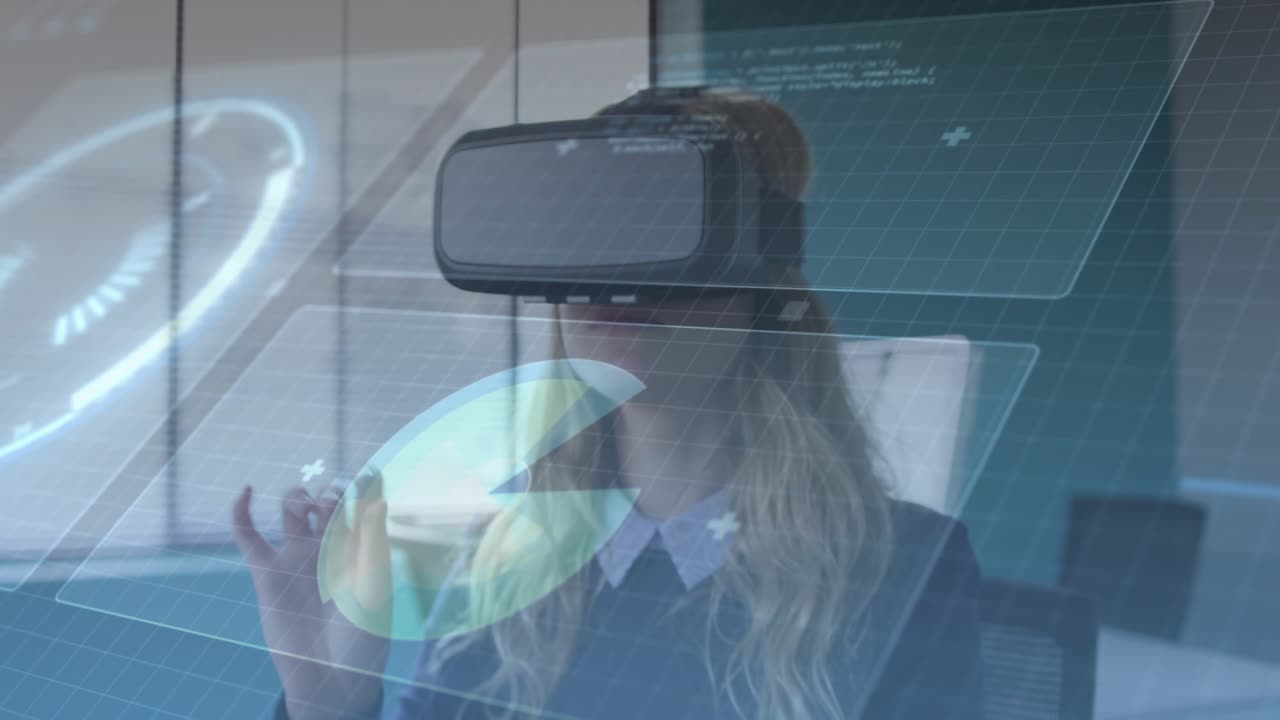 Woman wearing VR headset raising finger and spinning gauge while resizing chart for data analysis