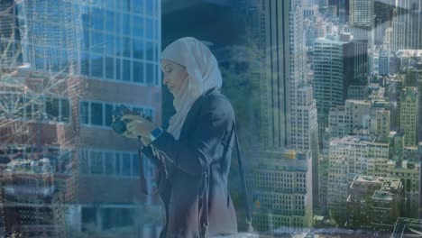 animation of asian woman in hijab with camera over cityscape