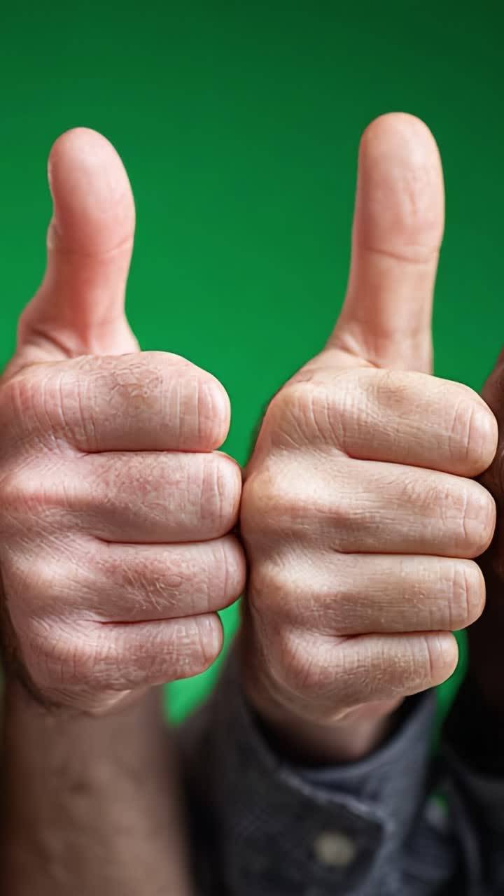 Eine Nahaufnahme von zwei Händen, die vor einem leuchtend grünen Hintergrund den Daumen nach oben zeigen und so Positivität und Zustimmung in einer einzigartigen visuellen Präsentation symbolisieren