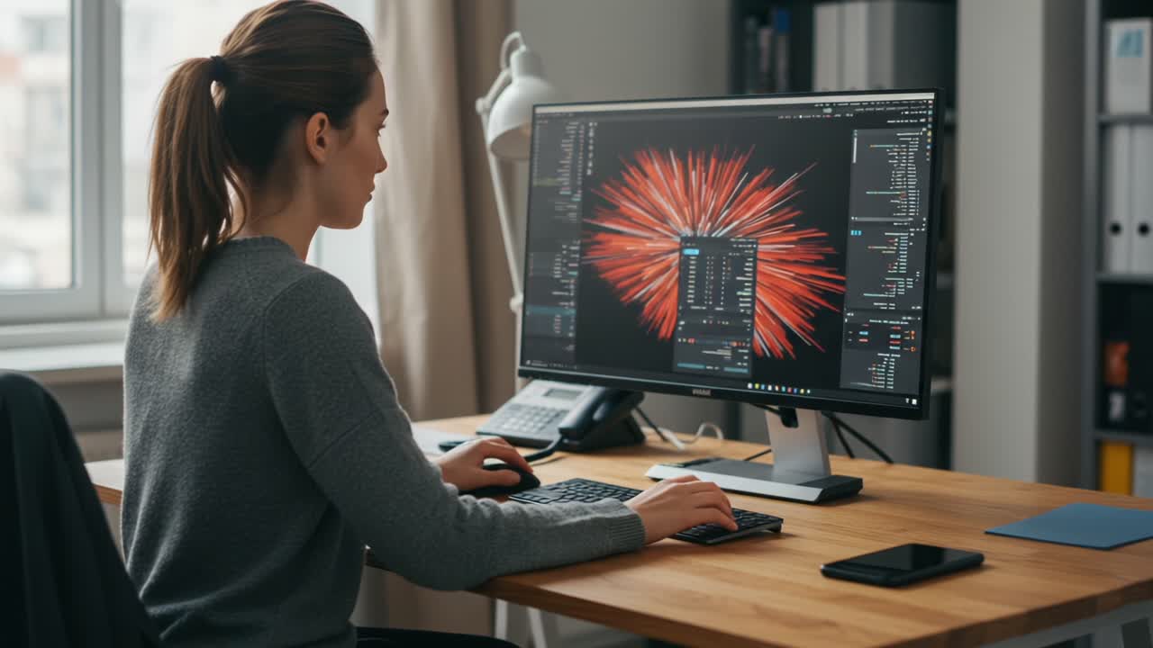 A focused individual engaged in digital design and data analysis, showcasing a vibrant, graphical interface on a modern computer screen in a well-lit workspace