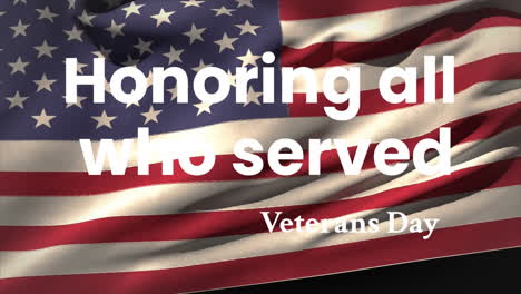 animation of honoring all who served veterans day text over flag of usa