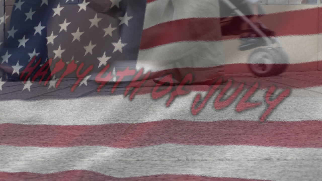 Digital composite video of happy independence day july 4th text against people walking