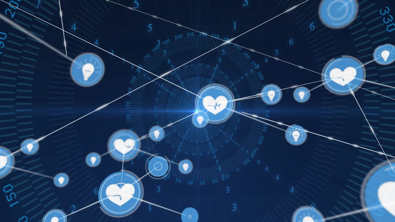 Animation of heart icons and data points connected by lines on blue background