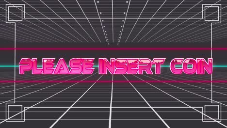 animation of pleas insert coin over geometrical shapes on dark background