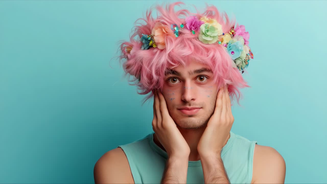 Portrait of a young person with pink hair and a floral crown
