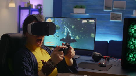 winner gamer wearing virtual reality goggles