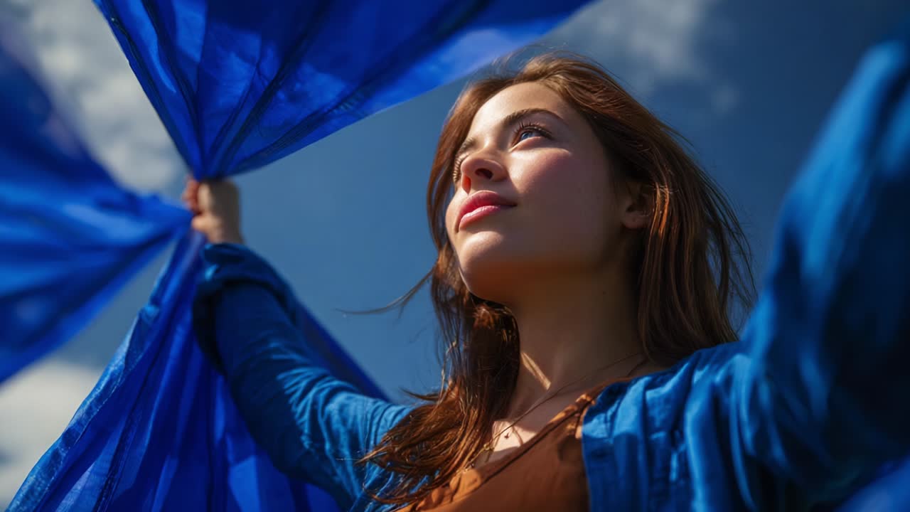 A Young Woman Joyfully Embracing the Breeze, Draped in Flowing Blue Fabric, Against a Background of Bright Skies and Fluffy Clouds, Capturing the Essence of Freedom and Serenity in Nature's Embrace