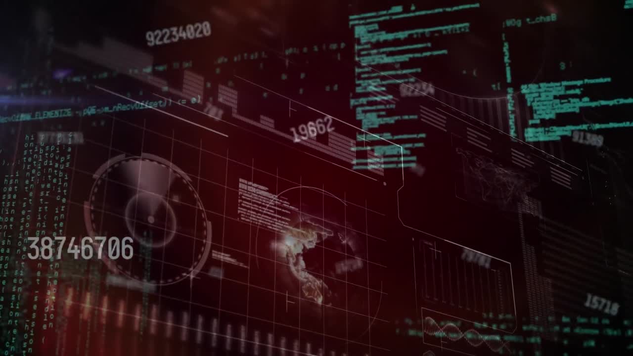 animación de números cambiantes y lenguaje informático sobre radar, globo y barras de carga.