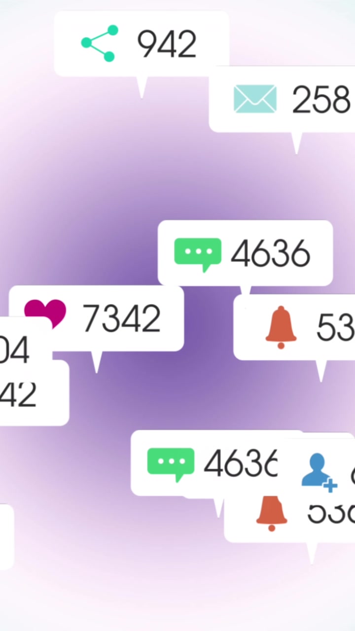 Animation of icons and changing numbers in notification boxes against gradient background