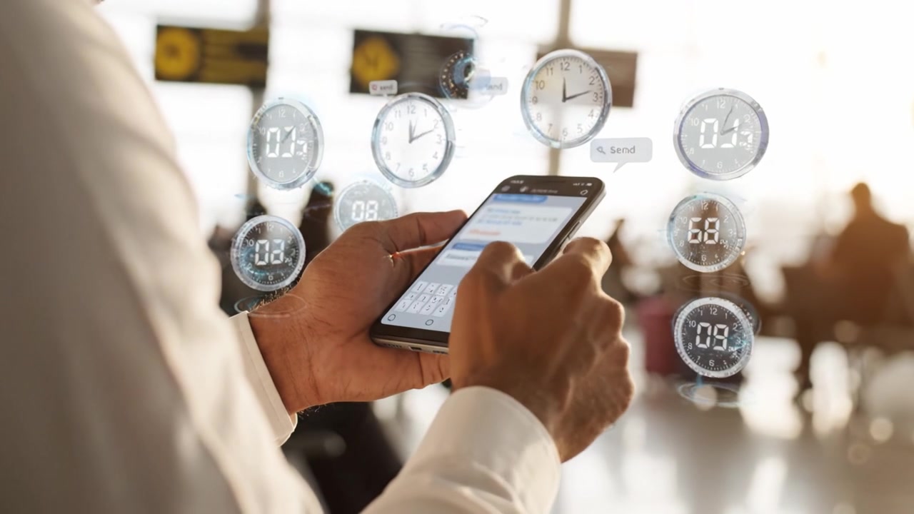 A traveler engaged with a smartphone at an airport, using digital applications to navigate travel tasks in a busy terminal filled with fellow passengers and luggage.