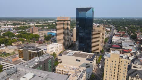 beautiful skyline and skyscrapers of downtown lexington, aerial orbit view