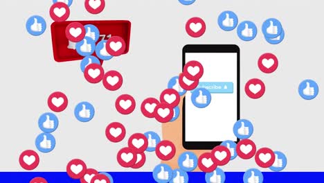 múltiples iconos digitales flotando contra la mano usando un teléfono inteligente sobre un fondo blanco