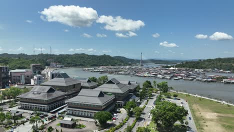 aerial view of sungai kebun bridge with the water village at bandar seri begawan, brunei darussalam