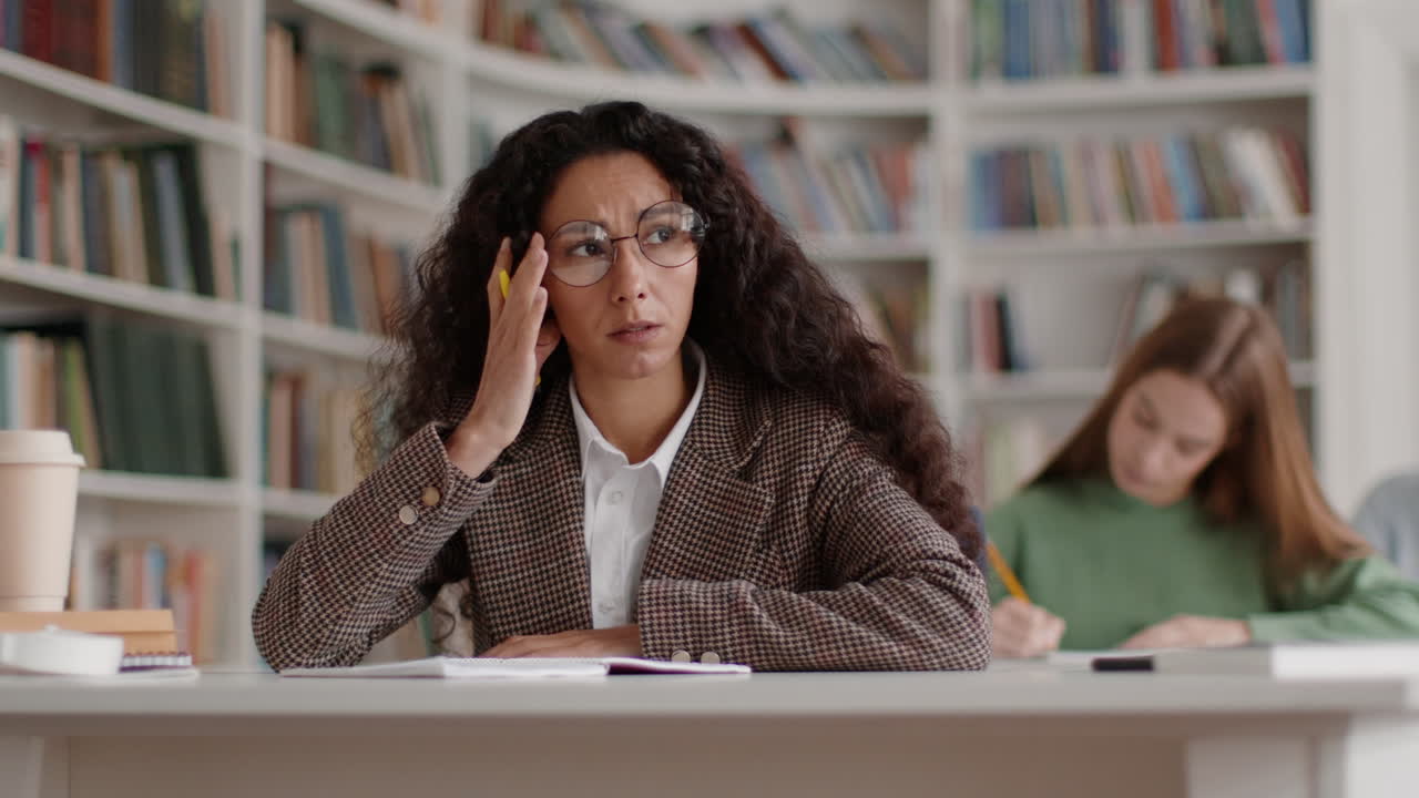 Woman studying and thinking in a university library