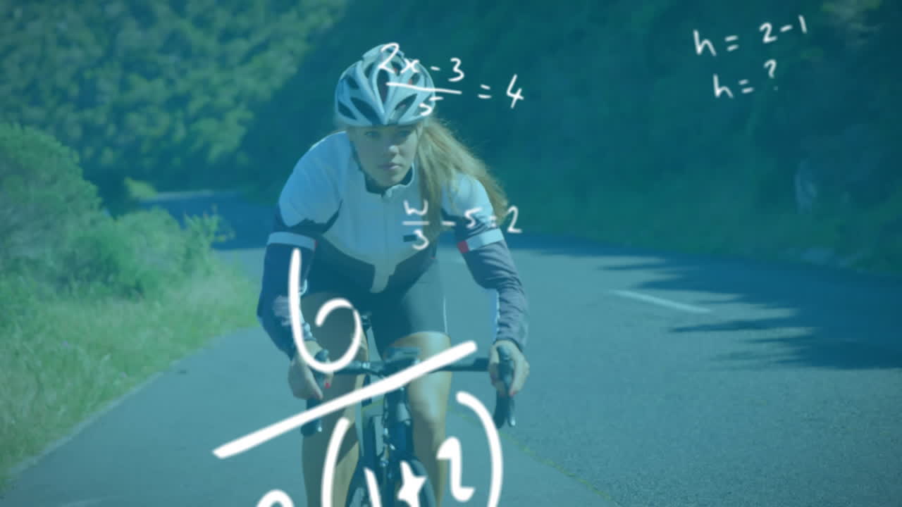 ecuaciones matemáticas contra la mujer en bicicleta en la carretera