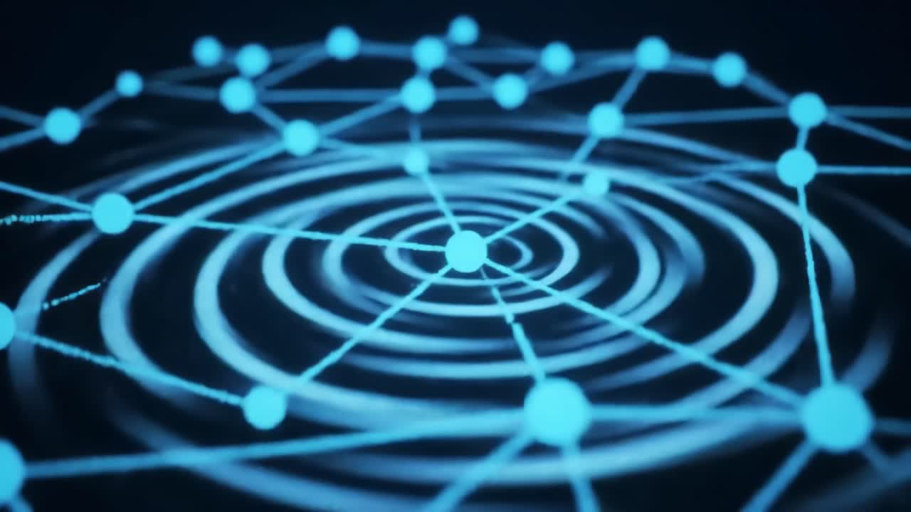 Bright blue nodes and lines create a stunning pattern against a dark background, showcasing connections and waves. The design evokes themes of technology and data flow.