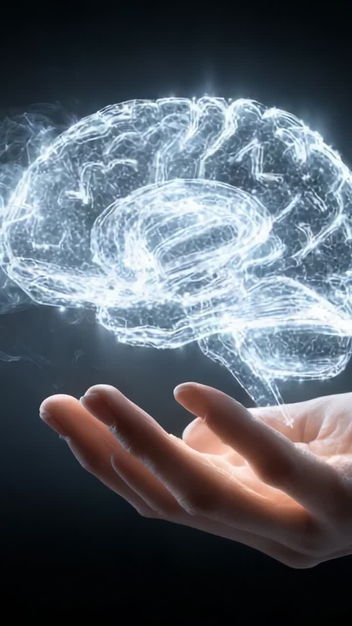 Un cervello luminoso in mano: simbolo di intelligenza, innovazione e della potenza del pensiero umano nell'era digitale