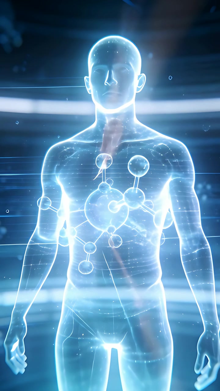Vertical video: Diagnostic scan starting rotating bare holo pulsing chest molecule in lab rings