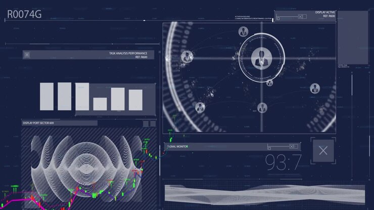 Animation of interface with data processing against blue background