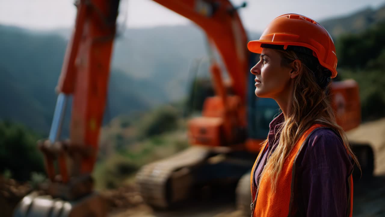 A Thoughtful Construction Worker in an Orange Hard Hat Observes the Landscape from a Construction Site Surrounded by Heavy Machinery and Mountains, Reflecting on the Responsibilities of Her Job
