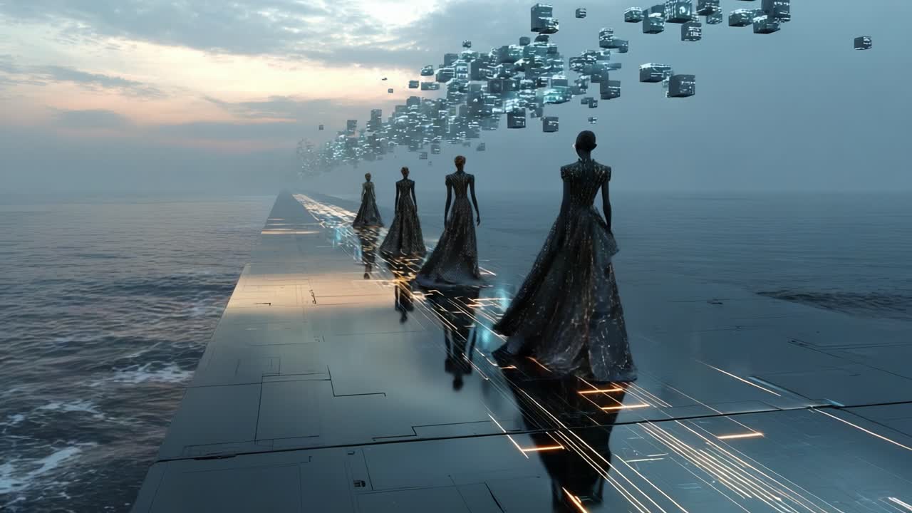 Futuristic Figures on a Sea Bridge