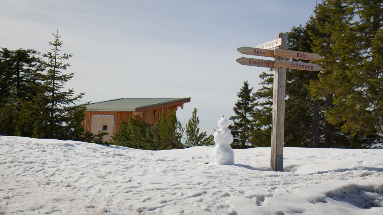 Snowman, Wooden Signpost, And Outhouse On Snowy Trail In Bavarian Alps, Berchtesgaden, Germany. wide shot