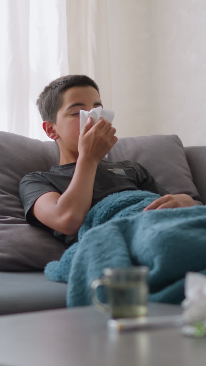 Sick little child sitting on couch sneezing into tissue, resting under blue blanket, with tissues on the table and a glass cup placed nearby, cozy home environment, sick child recovery