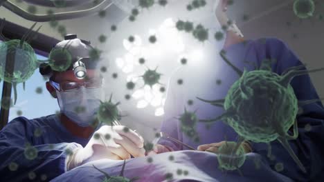 Animation-Von-Sich-Bewegenden-Covid-19-Zellen-über-Chirurgen-In-Gesichtsmasken
