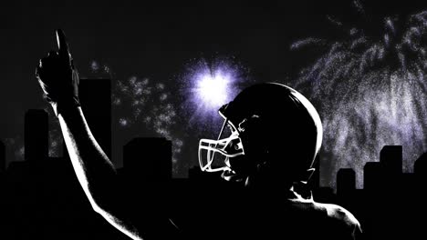 Animation-Von-Stadtbild-Und-Feuerwerk-über-Einem-Männlichen-American-Football-Spieler,-Der-Mit-Dem-Finger-Zeigt