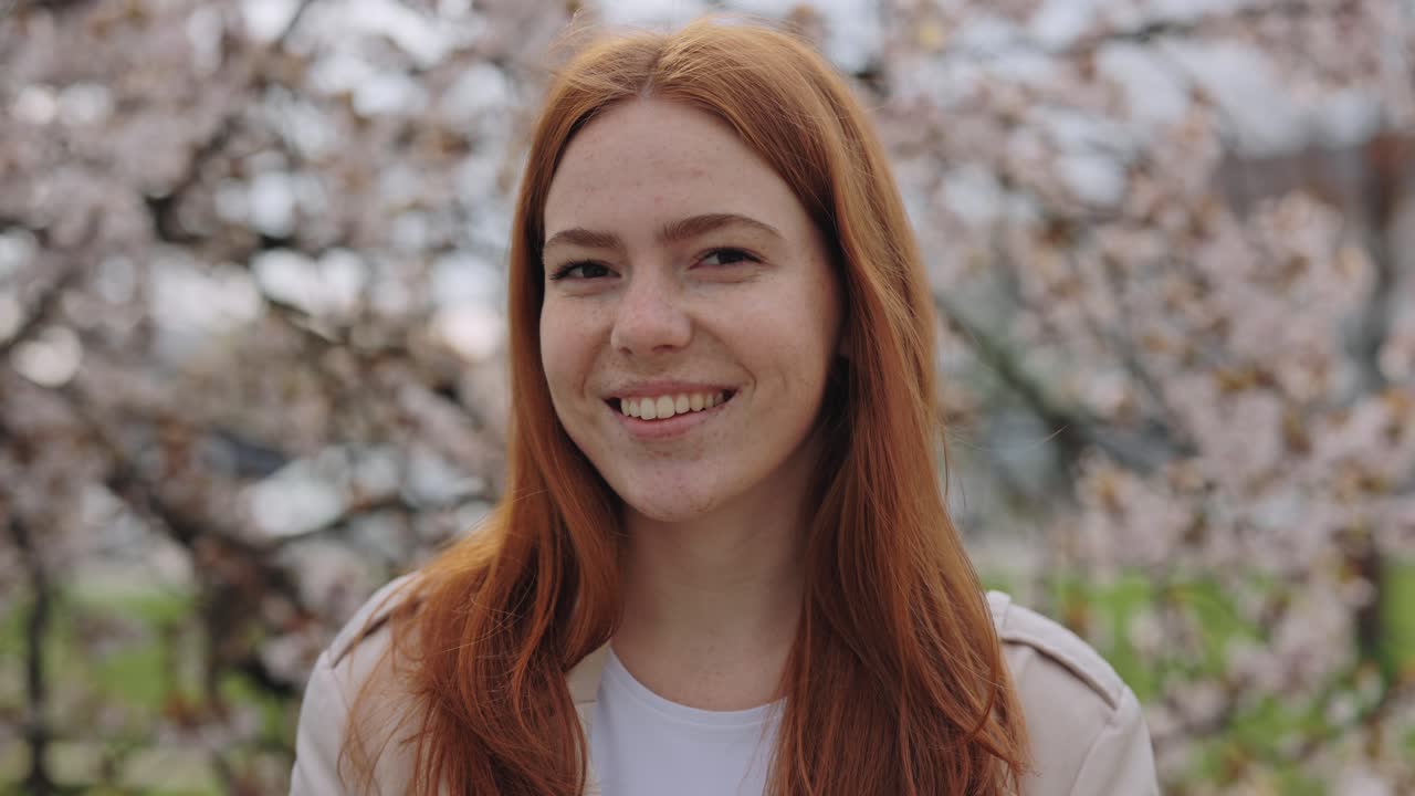 Woman Smiling in Cherry Blossom Trees