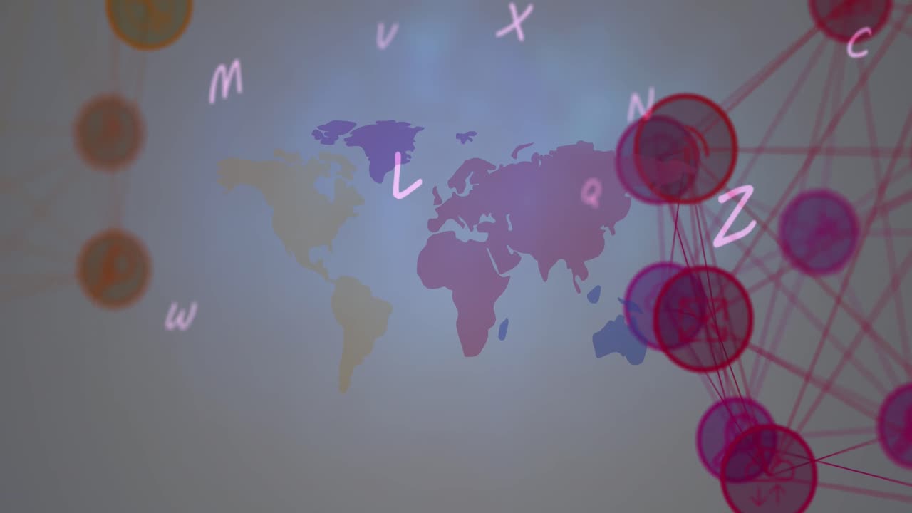 animación de dos globos de iconos digitales y alfabetos sobre el mapa del mundo contra un fondo gris