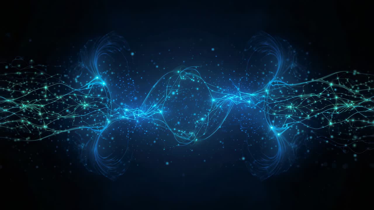 On start flowing lines merging into nodes in cyber space to visualize data, with drifting particles