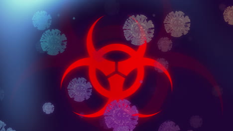 animación del símbolo de peligro biológico rojo, las luces y las células covid en un fondo oscuro
