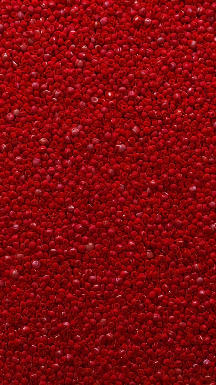 Vertical video: Shifting camera revealing glossy red bead carpet on tray to show texture and gleams