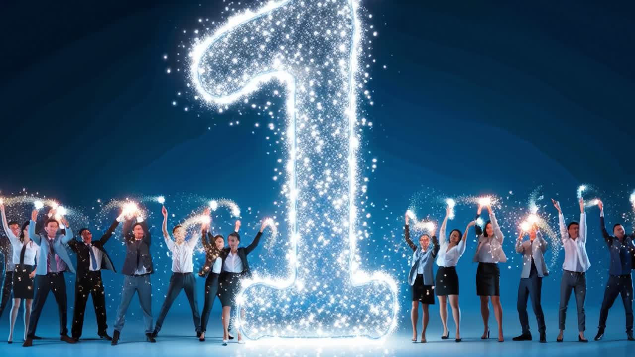 A Celebratory Scene with Enthusiastic Individuals Holding Sparklers, Forming a Bright Sparkling Number 1 Against a Vibrant Blue Background, Symbolizing Achievement and Unity