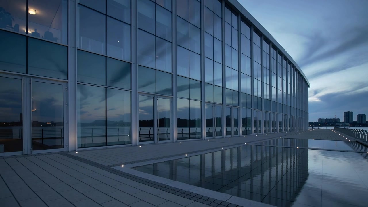 Seguimiento de un edificio de cristal curvo mientras la cámara se mueve lateralmente a lo largo de la plataforma del muelle mostrando una piscina reflectante