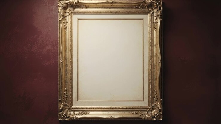Zooming camera revealing gilded frame on maroon wall, showing blank cream panel and carved moldings