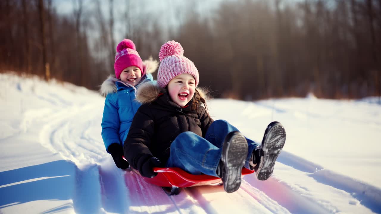 Two children sledding in winter, captured from a low angle. The joyful scene evokes a playful