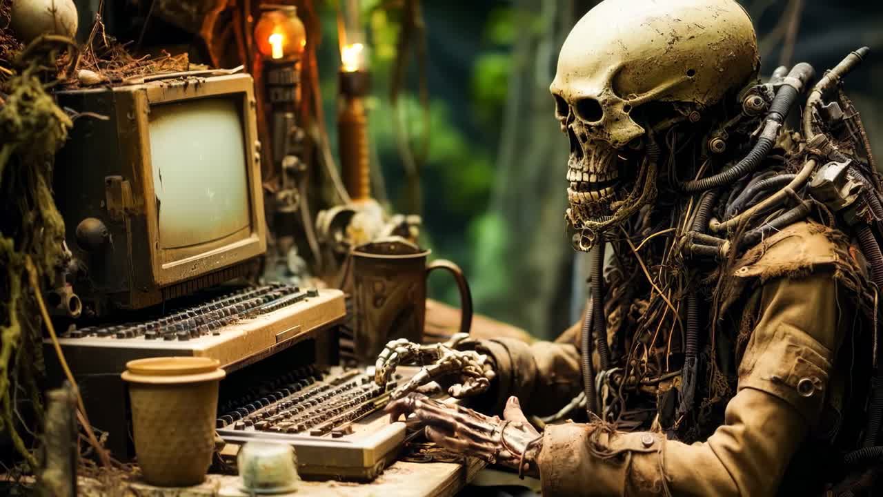 A skeleton sitting at a desk with a computer and a keyboard