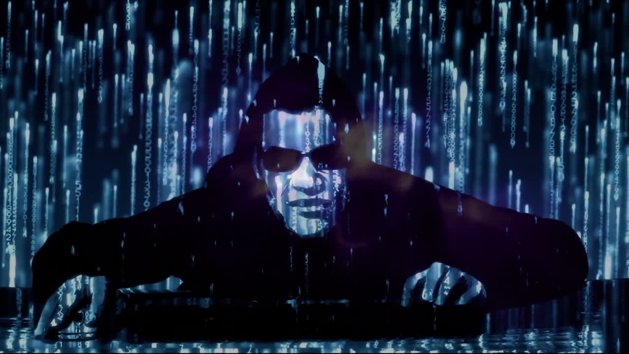 바이너리 코디나그 및 디지털 데이터 처리의 애니메이션 남성 해커