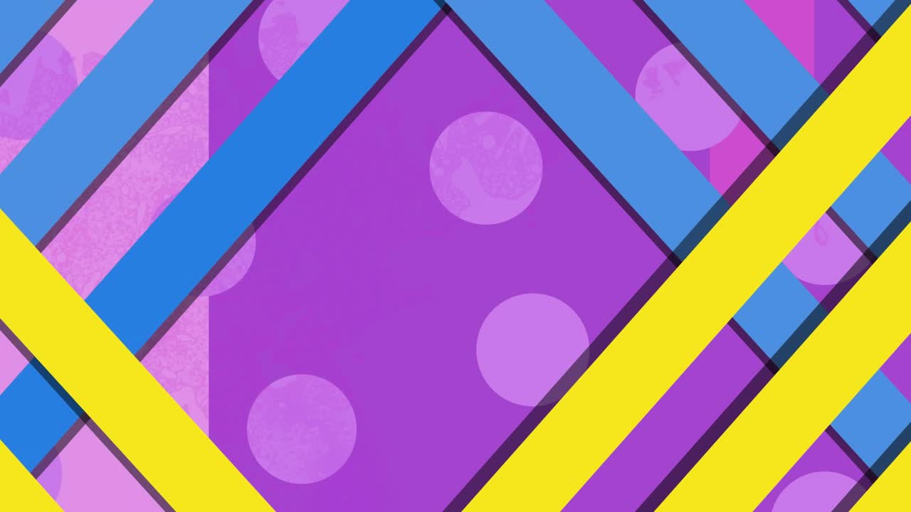Animasi garis-garis biru dan kuning di atas latar belakang ungu dengan titik-titik