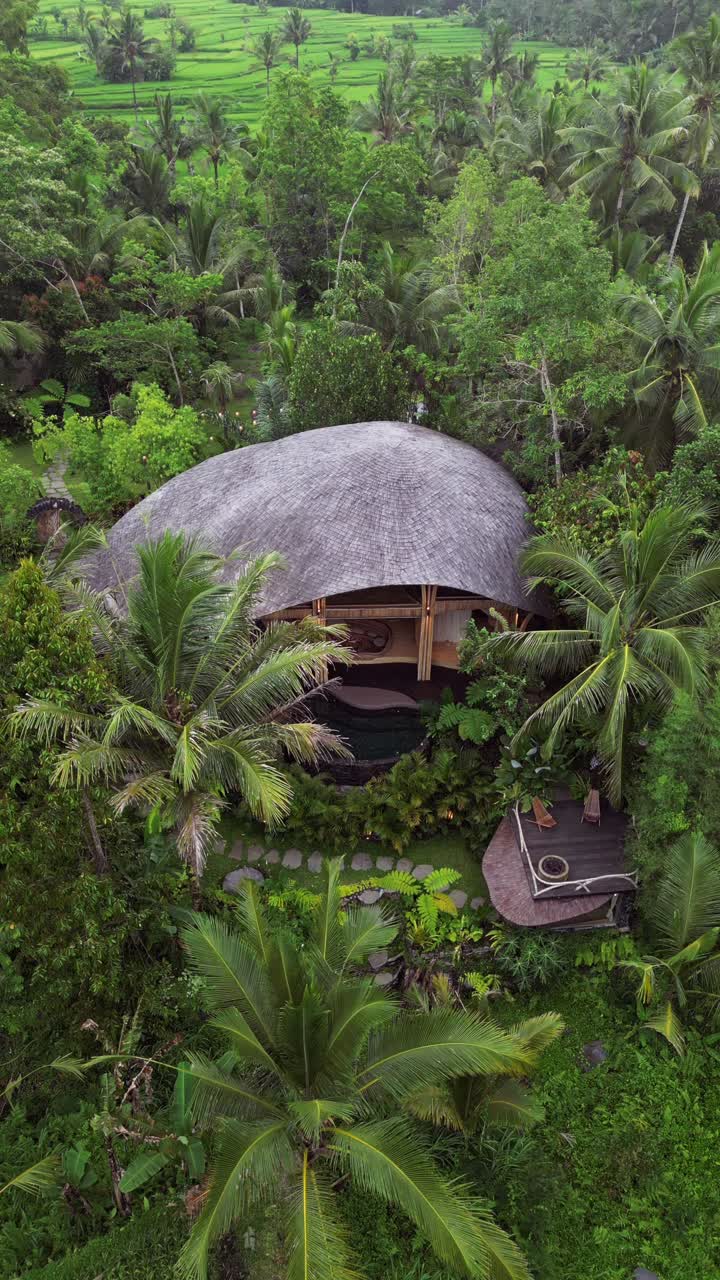 Vertical Drone footage capturing a serene wooden villa in Bali’s tropical landscape, encircled by dense greenery and palm trees. The open design and private pool reflect eco-luxury in Ubud rainforest