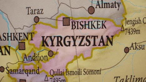 close-up map of kyrgyzstan and surrounding central asian countries and cities