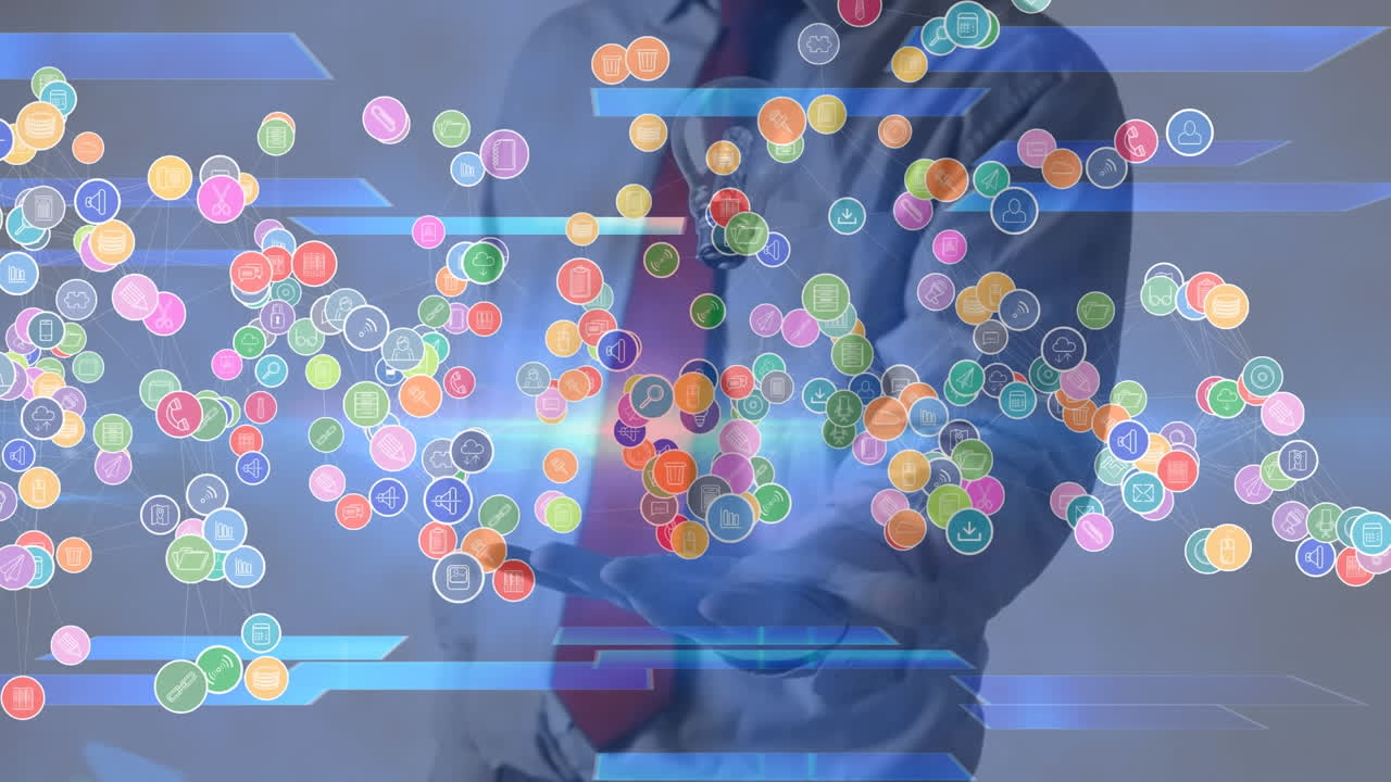 Animation of colourful icons floating over businessman throwing and catching lightbulb