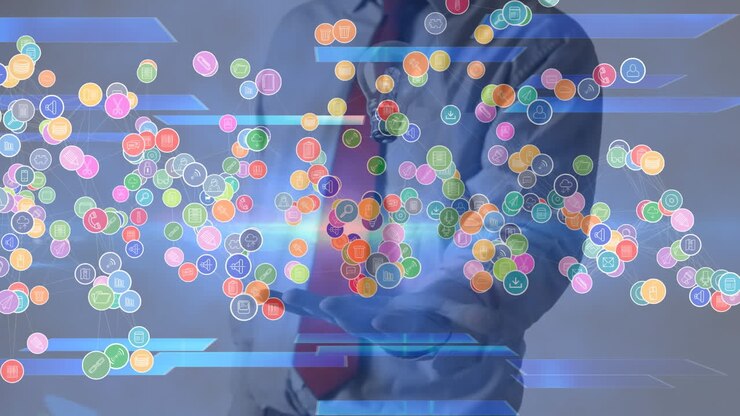 Animation of colourful icons floating over businessman throwing and catching lightbulb