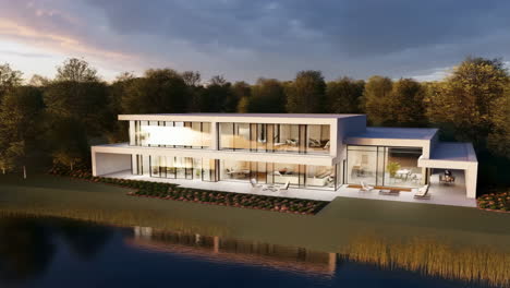 modern lakeside luxury home exterior at dusk