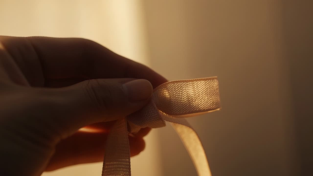 Grasping ribbon by adult right hand, tying peach satin ribbon into bow against pale curtain