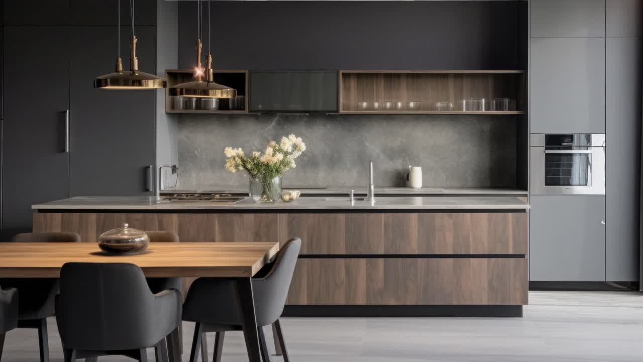 Cucina moderna con tonalità scure, dettagli in legno e lampade a sospensione.