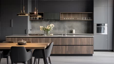 Modern kitchen with dark tones, wooden accents, and pendant lights